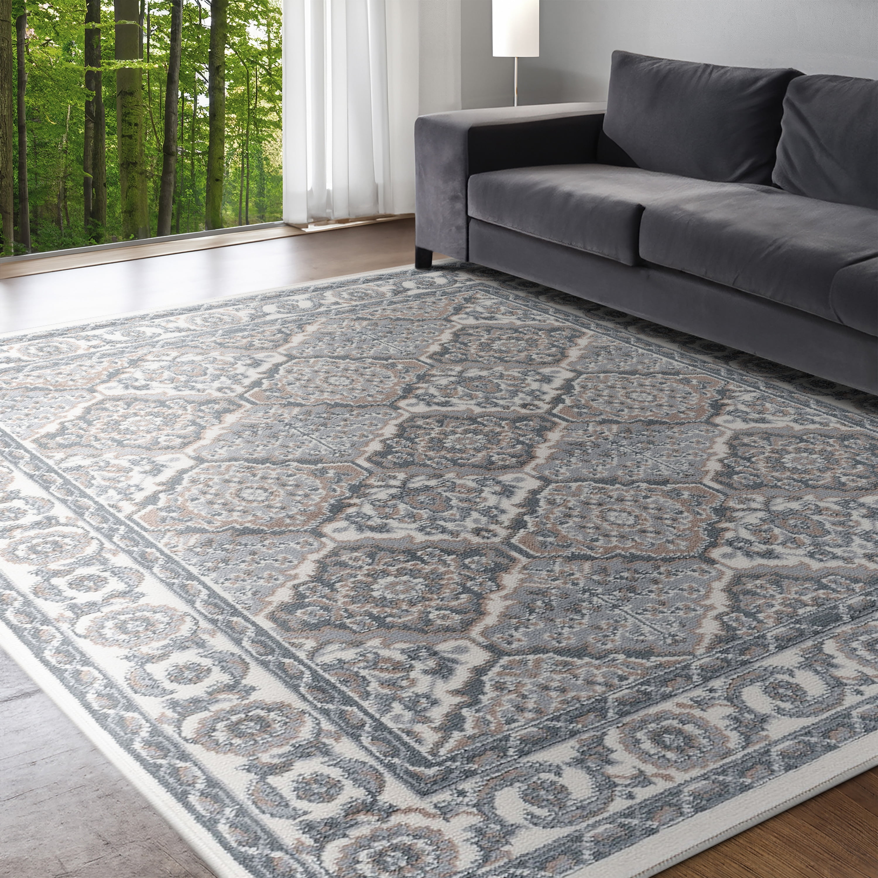 Hampton Traditional 5' x 7' Cream and Gray Polypropylene Indoor Area Rug