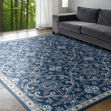 Hampton Traditional 5' x 7' Navy and Beige Polypropylene Indoor Area Rug