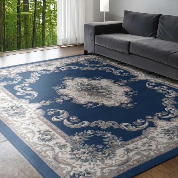 Hampton Traditional 5' x 7' Navy and Gray Polypropylene Indoor Area Rug