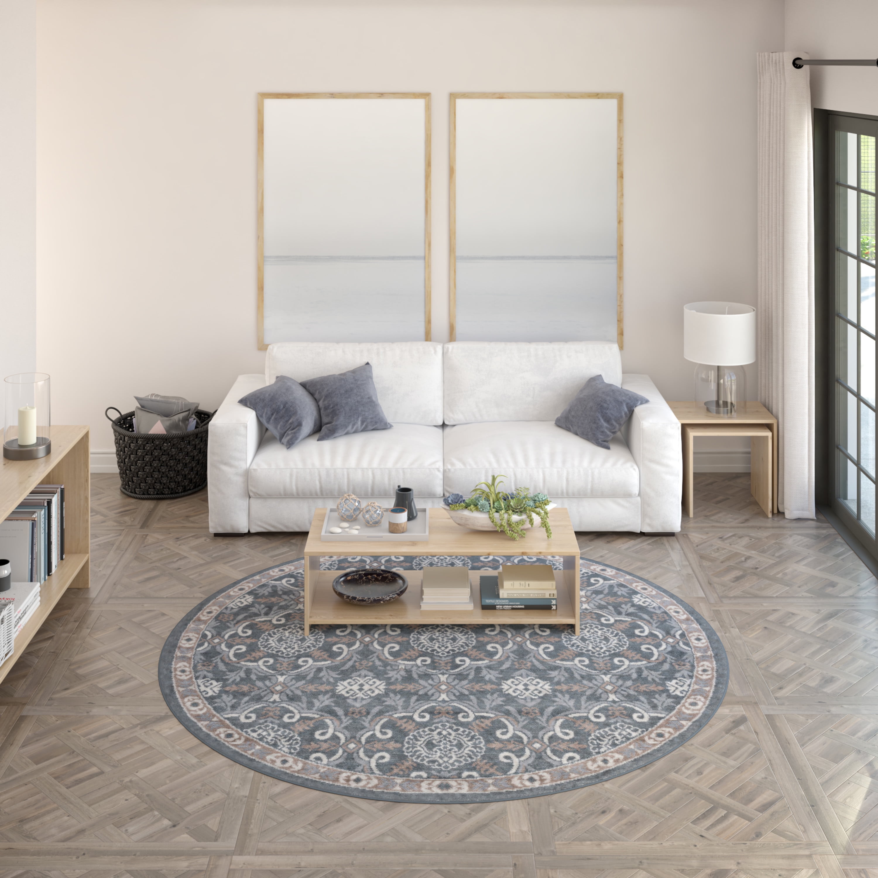 Hampton Traditional 8' Round Gray and Beige Polypropylene Indoor Area Rug