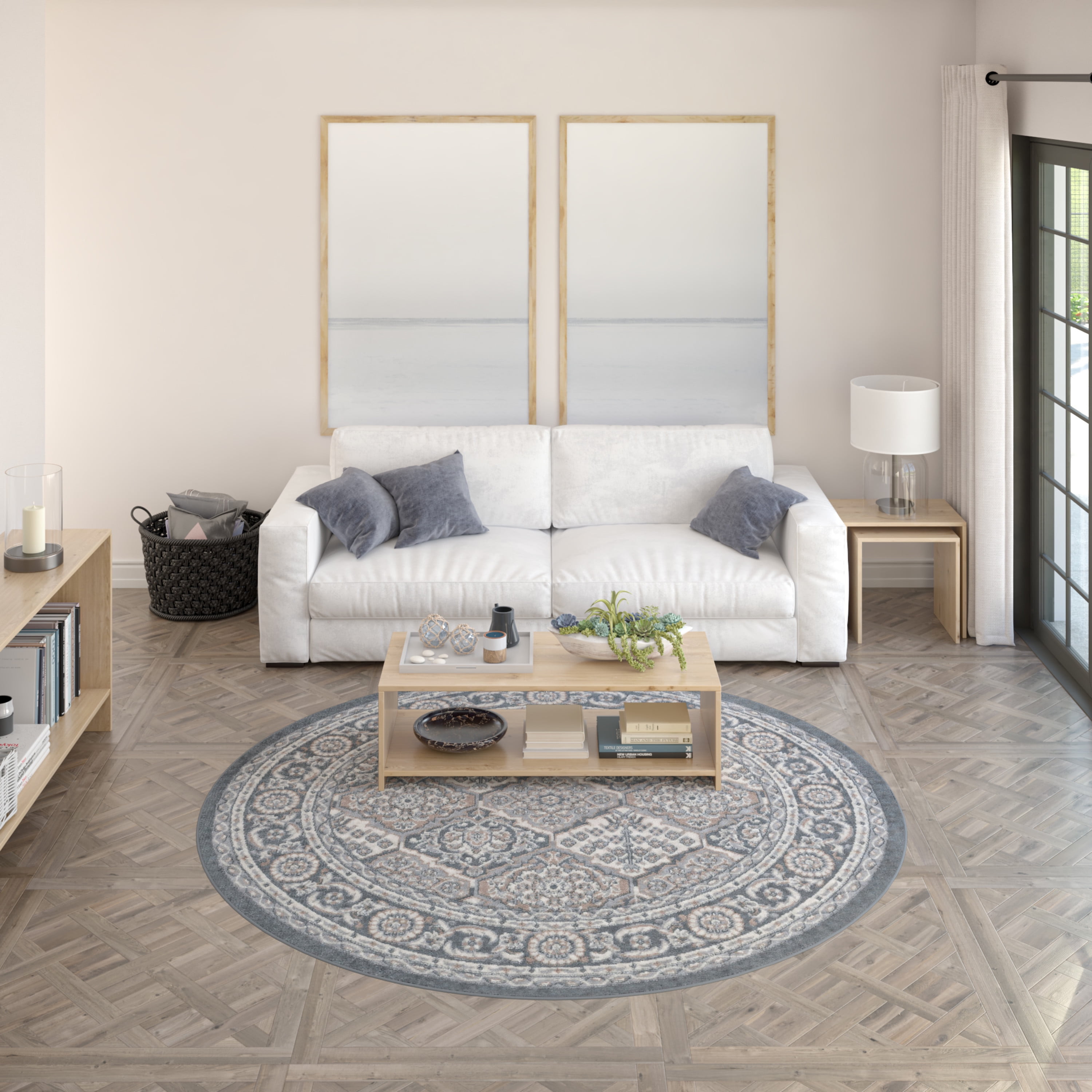 Hampton Traditional 8' Round Gray and Cream Polypropylene Indoor Area Rug