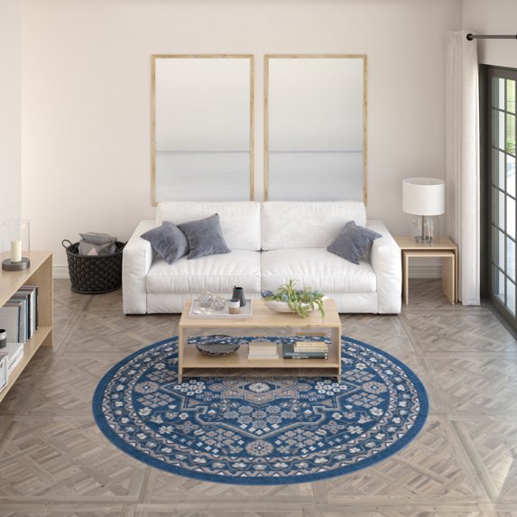 Hampton Traditional 8' Round Navy and Gray Polypropylene Indoor Area Rug