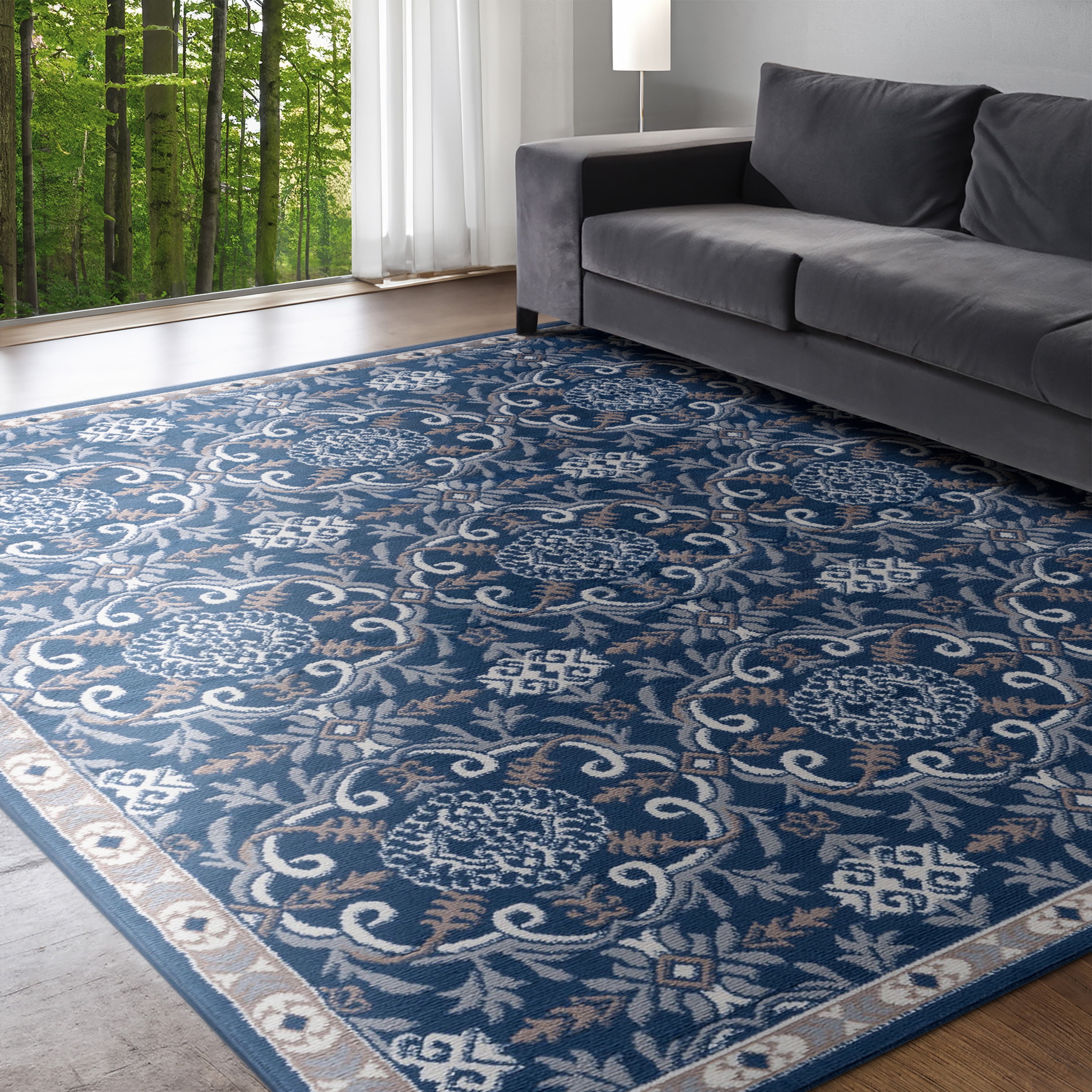 Hampton Traditional 8' x 10' Navy and Beige Polypropylene Indoor Area Rug