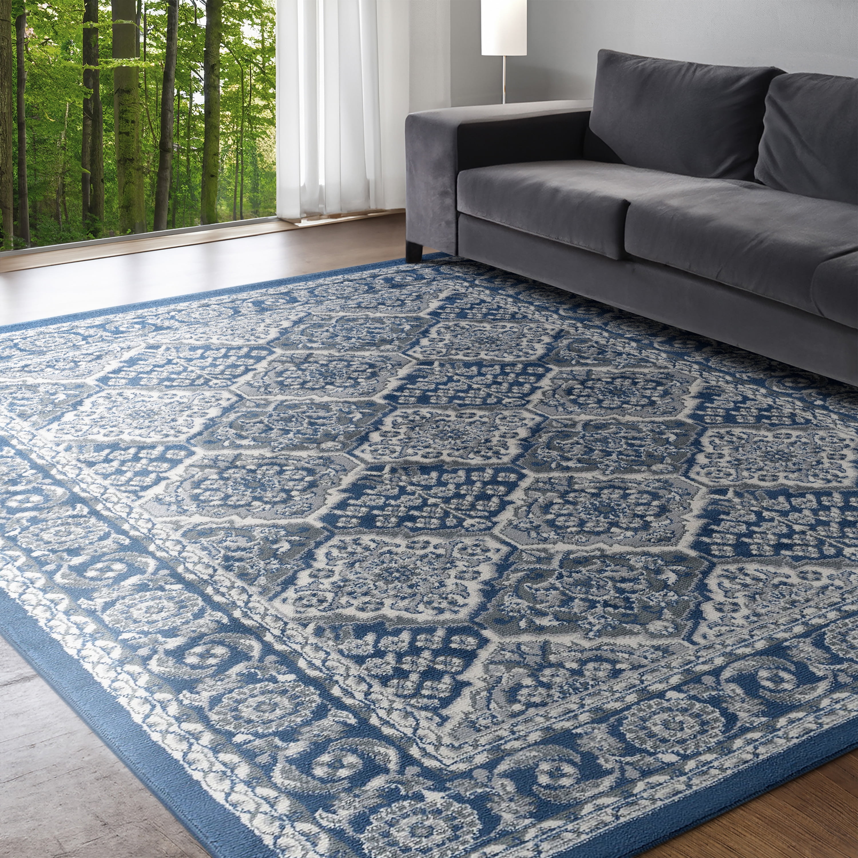 Hampton Traditional 9' x 12.6' Navy and Cream Polypropylene Indoor Area Rug