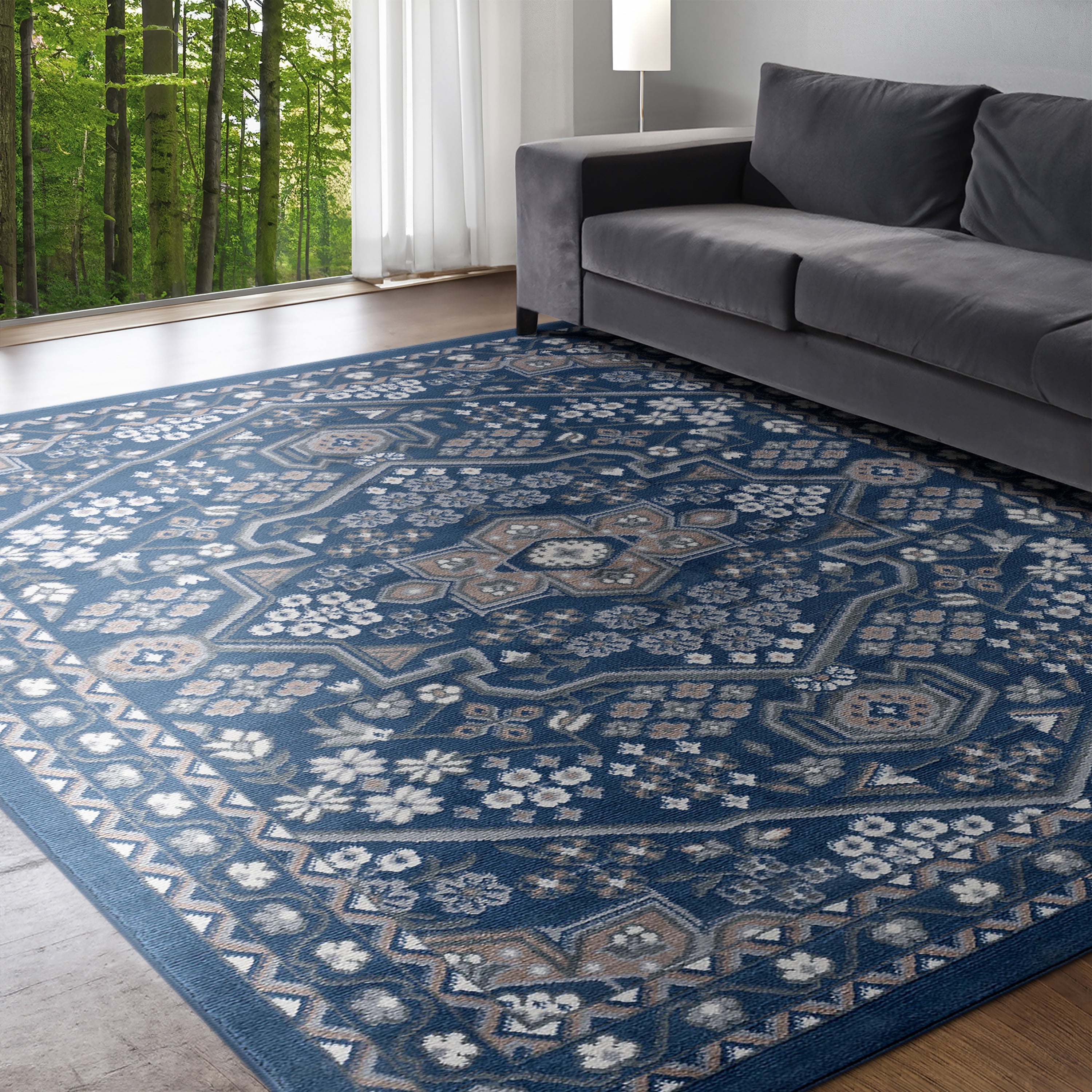 Hampton Traditional 9' x 12.6' Navy and Gray Polypropylene Indoor Area Rug