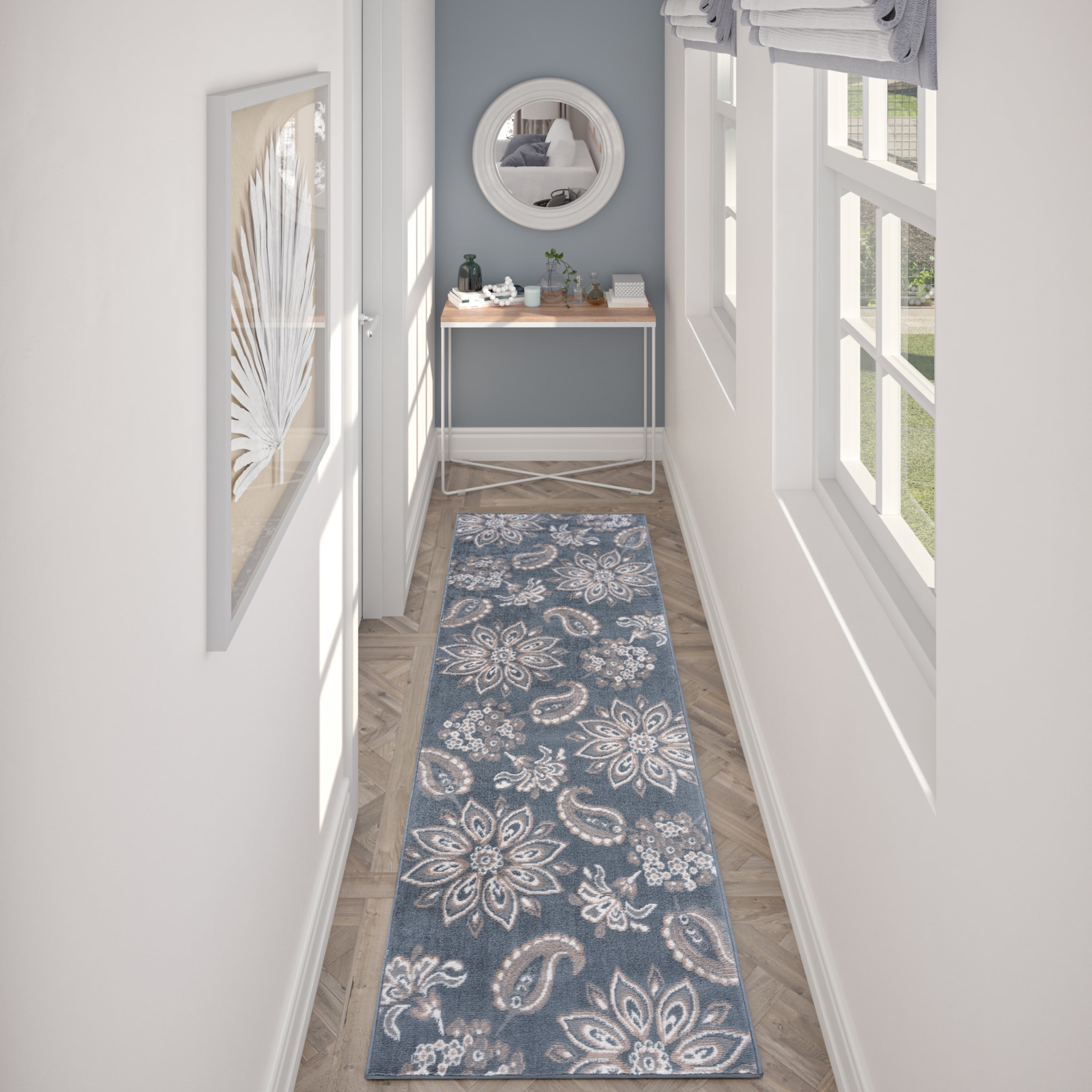 Hampton Transitional 2' x 10' Gray and Cream Polypropylene Indoor Area Rug