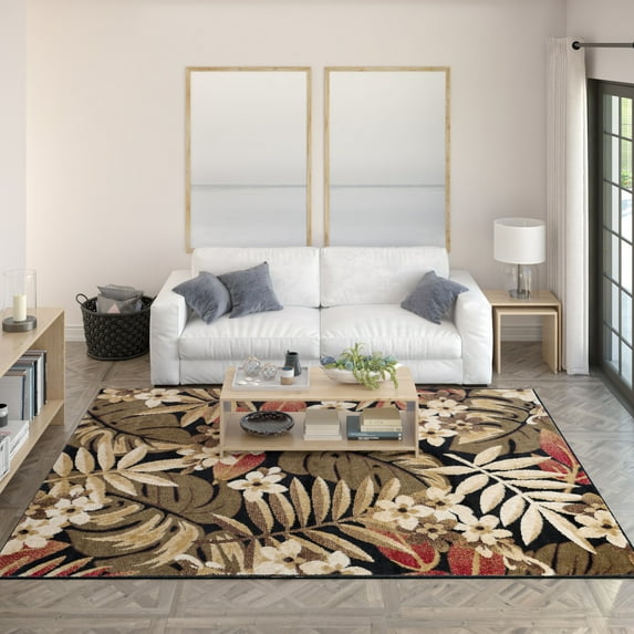 Hampton Transitional 4' x 5' Black and Red Polypropylene Indoor Area Rug