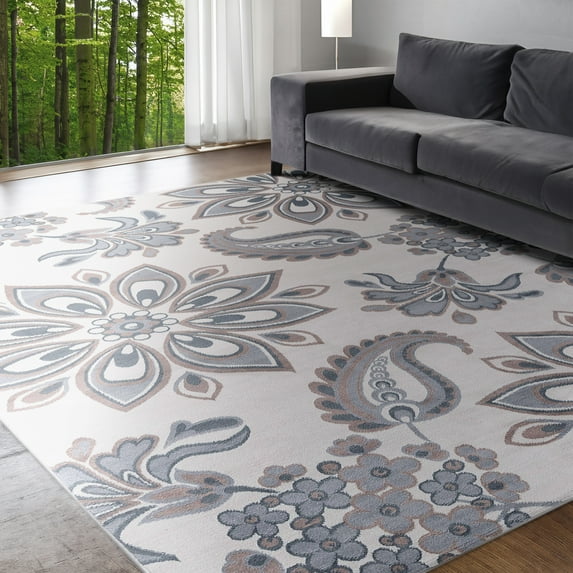 Hampton Transitional 9' x 12' Cream and Gray Polypropylene Indoor Area Rug