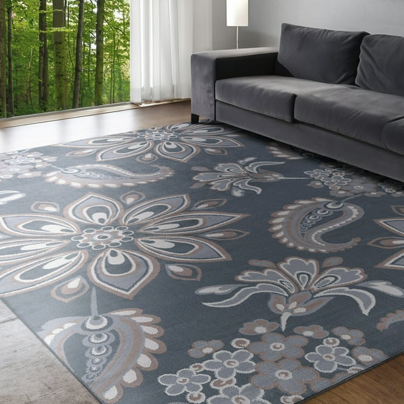 Hampton Transitional 9' x 12' Gray and Cream Polypropylene Indoor Area Rug