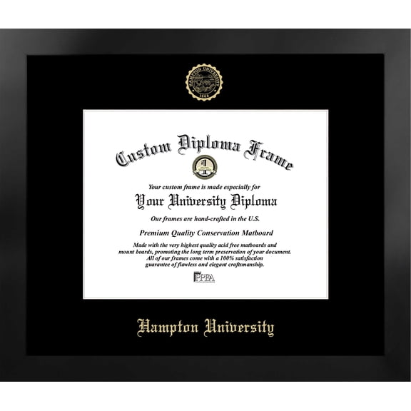 Hampton University 11w x 8.5h Manhattan Black Single Mat Gold Embossed Diploma Frame with Bonus Campus Images Lithograph (value savings at $59)