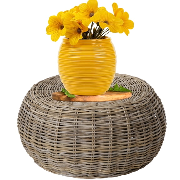 Hamptons Low Rise Rattan Coffee Table, Wicker Weave, Circular Bun, 28.25 D x 13.5 H inches, 10.5 lbs
