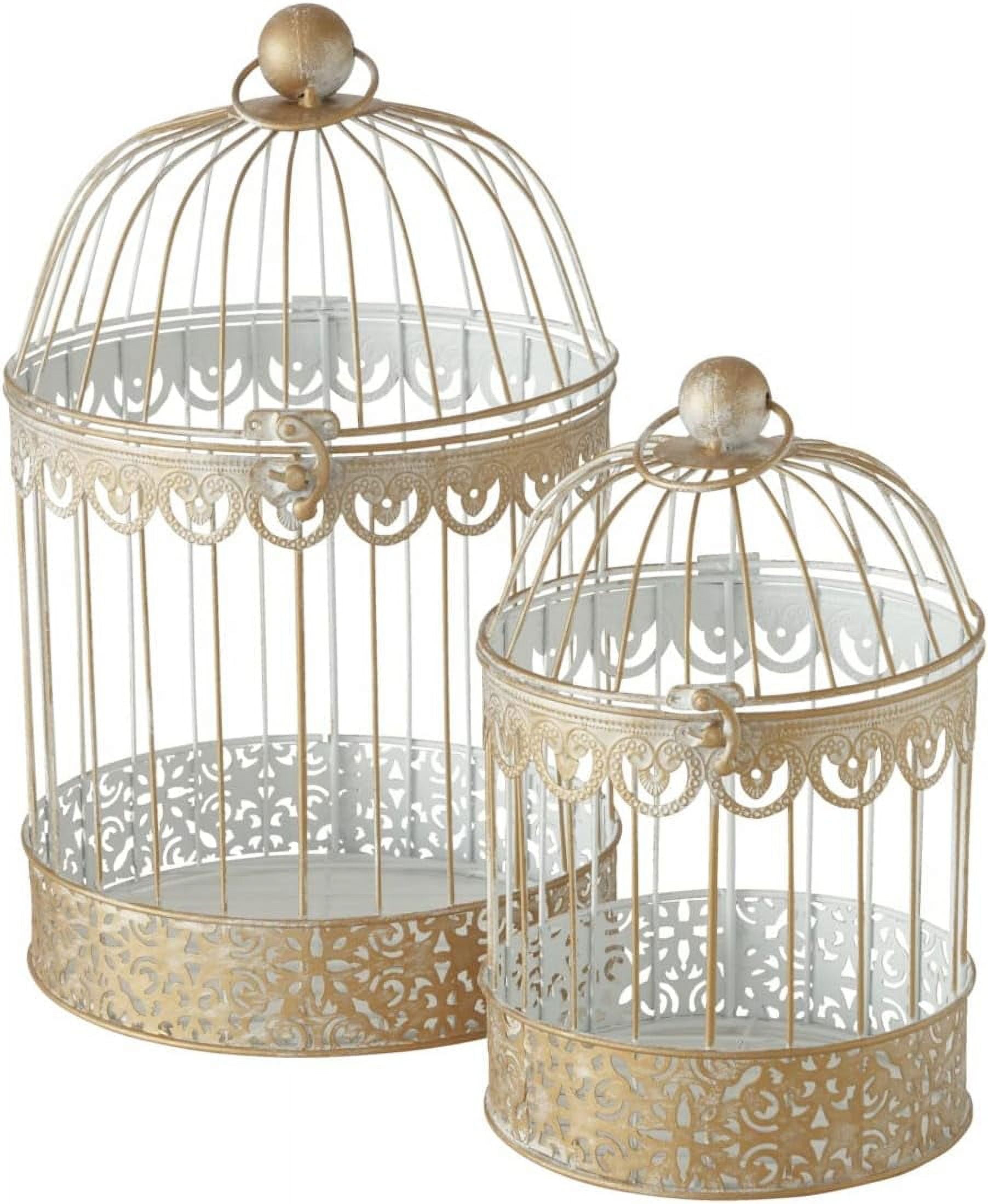 Antique Gold and White Decorative Metal Bird Cages, Set of 2