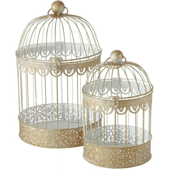 Hamptons Romantic Gold Bird Cages, Set of 2, Decorative, Table Top Centerpieces, Latch Top, Metal, Handmade, 11.75 and 15.75 Inches