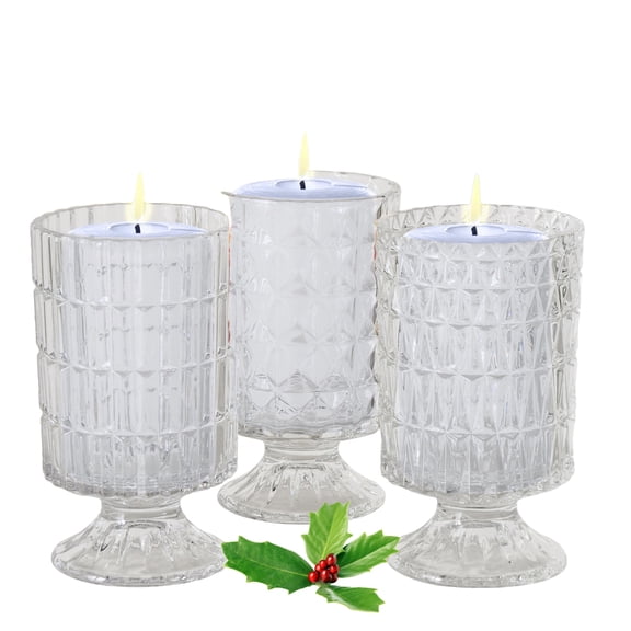 Hamptons Short Stem Goblet Candle Holders, Fancy Textured Bodies, Clear Glass, 6.75", for 3 "Votive, Floating and Pillars