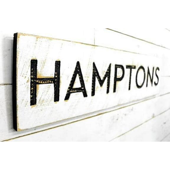 Hamptons Sign - Carved in a 40"x10" Solid Wood Board | Rustic Distressed | Farmhouse Style | New York Long Island Beach House | Handmade in NC