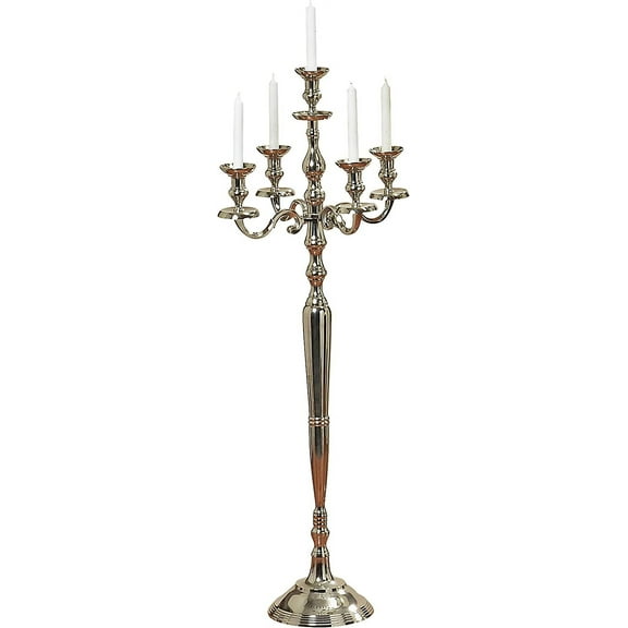 Hamptons Tall Five Candle Silver Candelabra, Hand Crafted of Silver Aluminum Nickel, 4 FT High, (48.75 Inches)