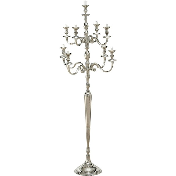 Hamptons Tall Nine Candle Silver Candelabra, Handcrafted of Silver Aluminum Nickel, 6 Feet Tall (71 Inches Tall -180 cm) for 9 candles cm. Aluminium. Freestanding