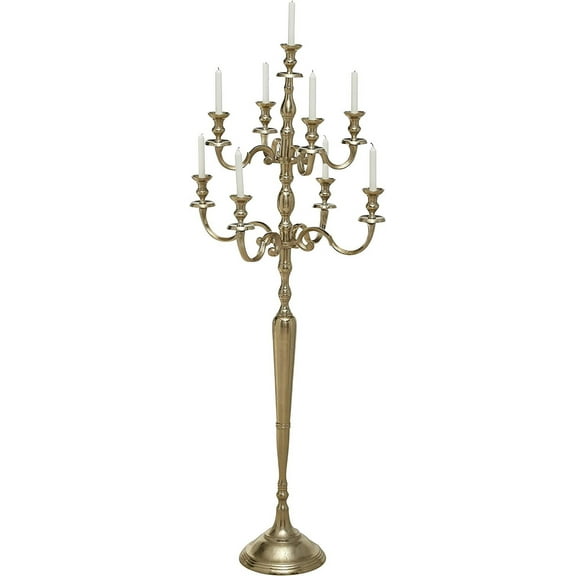 Hamptons Tall Nine Taper Candle Golden Candelabra, Handcrafted, Aluminum Nickel, 6 Feet Tall (70.75 Inches Tall -180 cm)