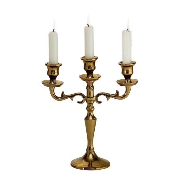 Hamptons Three Arm Gold Candelabra, Hand Crafted of Aluminum, 10.25 Inches High, Weighted Base, Centepiece