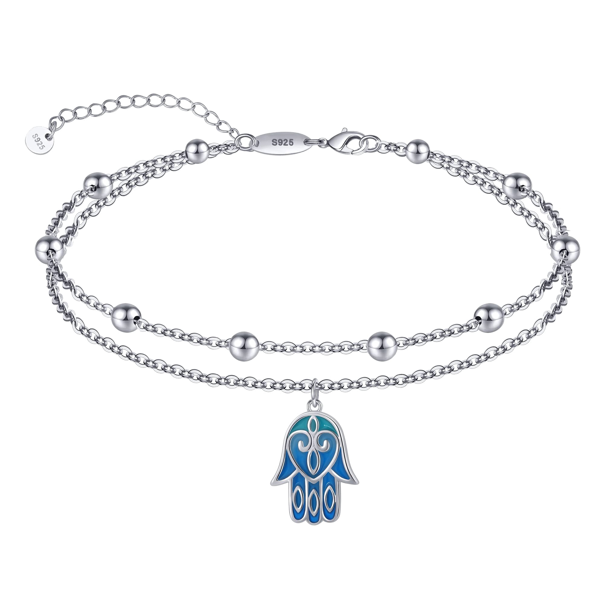 Hamsa Anklet 925 Sterling Silver Boho Ankle Bracelet for Women Dainty Evil Eye Foot Chains Adjustable Beach Hamsa Hand Layered Anklet Jewelry 11 Inches