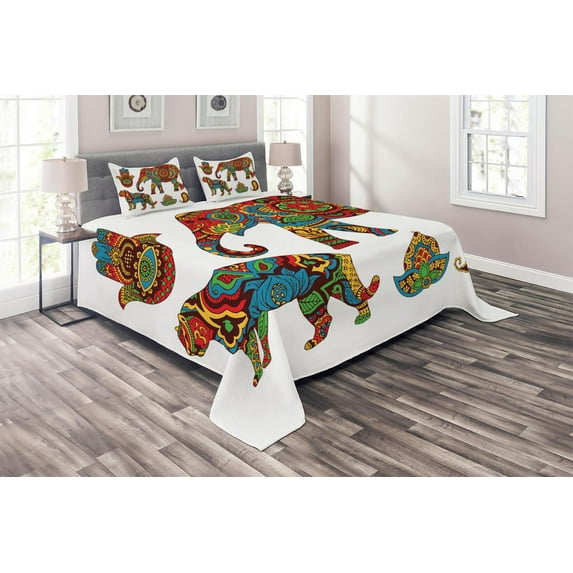 Hamsa Coverlet Set King Size, African Savannah Animals Paisley and Hamsa Hand Pattern with Orient Ornate Malaysian, Quilted 3 Piece Decor Bedspread Set with 2 Pillow Shams, Multicolor, by Ambesonne