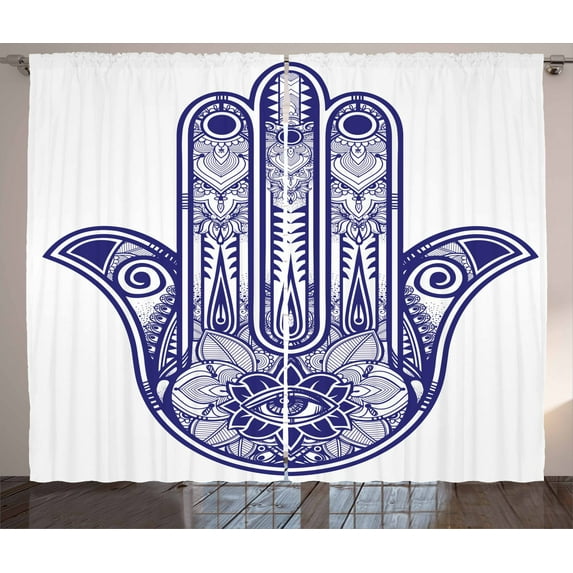 Ambesonne Hamsa Curtains 2 Panel Set, Antique Shape, 108" x 84", Navy Blue