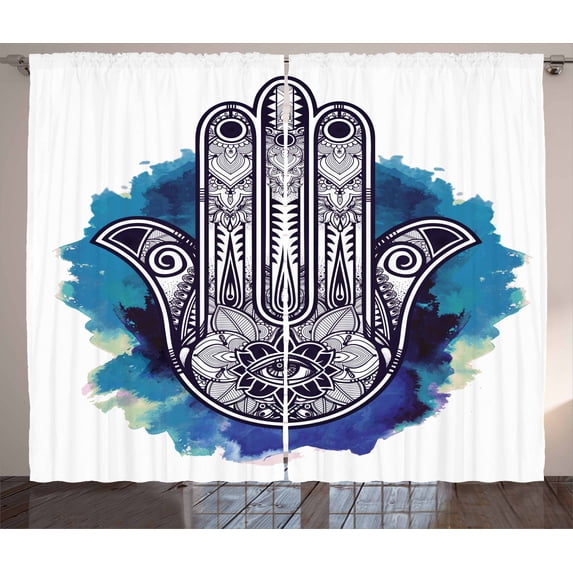 Ambesonne Hamsa Curtains 2 Panel Set, Rich Ornaments, 108" x 84", Blue Indigo White