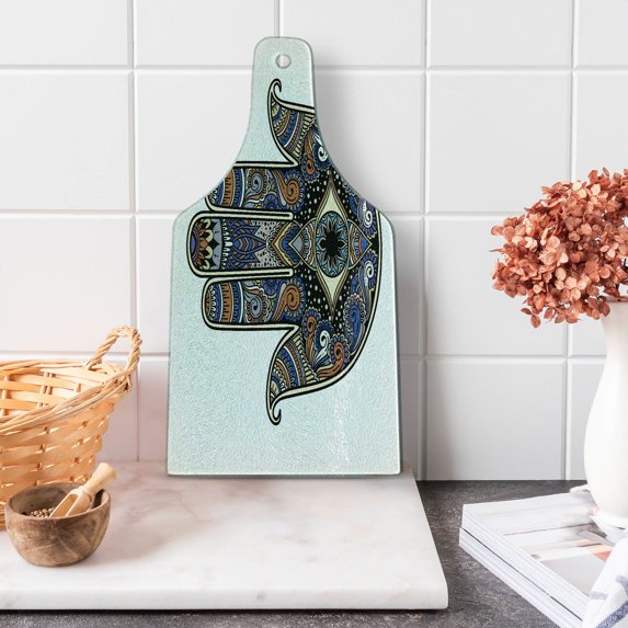 Hamsa Cutting Board, Hand Drawn Boho Style Vintage Sign with All Seeing Eye Protection Evil, Tempered Glass Cutting and Serving Board, Wine Bottle Shape, Royal Blue Caramel Black, by Ambesonne