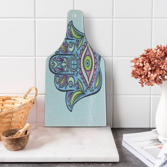 Hamsa Cutting Board, Spring Nature Inspired Design Positive Doodle Lily Bloom Print, Decorative Tempered Glass Cutting and Serving Board, Wine Bottle Shape, Blue Pink Green, by Ambesonne
