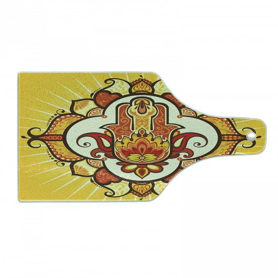Hamsa Cutting Board, Sun Inspired Design Aura Energy Yoga Mantra Theme with Ornaments, Decorative Tempered Glass Cutting and Serving Board, Wine Bottle Shape, Yellow Orange Brown, by Ambesonne