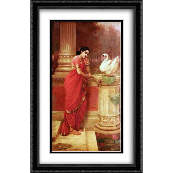 Hamsa Damayanti 2x Matted 26x40 Large Black Ornate Framed Art Print by Ravi Varma, Raja