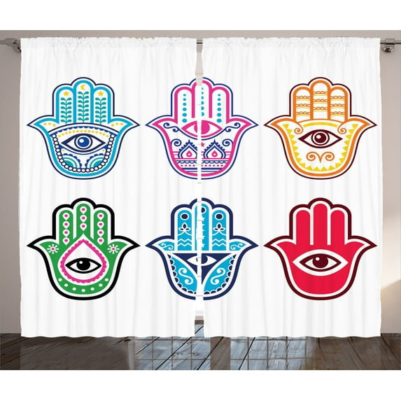 Ambesonne Hamsa Curtains 2 Panel Set, Colorful Hand Third Eye, 108" x 84", Multicolor