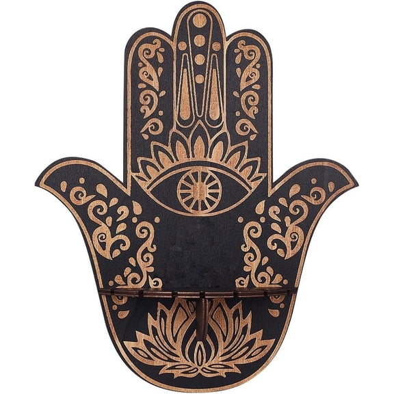 Hamsa Display Shelf Wooden Wall Decor Holder Shelves Eye of Horus Wall Mounted Floating Shelf Stand for Stuff Supplies Spiritual Gift Black 9.8x11.8Inch for diy