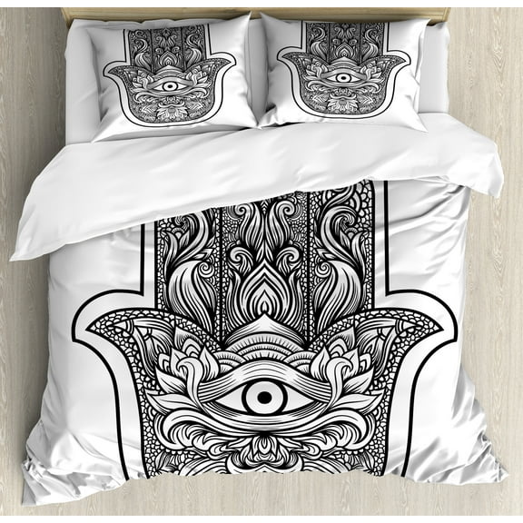 Hamsa Duvet Cover Set, Boho Style Line Art Mascot with Third Eye Ornamental Tattoo Design, Decorative 3 Piece Bedding Set with 2 Pillow Shams, King Size, White Black, by Ambesonne