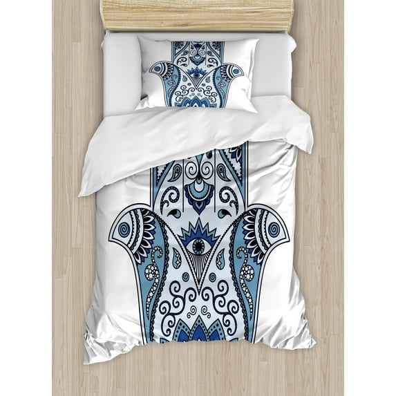 Hamsa Duvet Cover Set, Civilizations Culture Protective Power Luck Evil Eye, Decorative 2 Piece Bedding Set with 1 Pillow Shams, Twin Size, Pale Blue Pale Blue, by Ambesonne