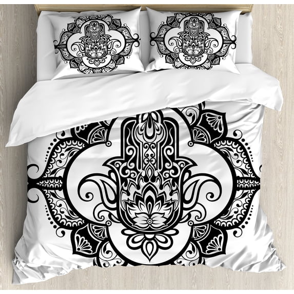 Hamsa Duvet Cover Set, Curvy Ornate Frame with Antique Motif Floral Tattoo, Decorative 3 Piece Bedding Set with 2 Pillow Shams, Queen Size, White Black, by Ambesonne