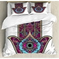 thumbnail image 1 of Hamsa Duvet Cover Set, Doodle Zentangle Style Bohemian Old Fashioned Floral Swirls All Seeing Eye, Decorative 3 Piece Bedding Set with 2 Pillow Shams, Calking Size, Magenta Aqua Peach, by Ambesonne, 1 of 2