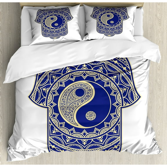 Hamsa Duvet Cover Set, Japanese Style with Ying Yang Sign Mysticism, Decorative 3 Piece Bedding Set with 2 Pillow Shams, Queen Size, Royal Blue and Cream, by Ambesonne