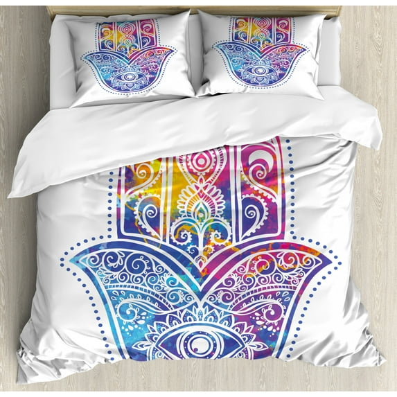 Hamsa Duvet Cover Set King Size, Hamsa with Ornamental Pattern Eye Protection Symbol in Vibrant Watercolors, Decorative 3 Piece Bedding Set with 2 Pillow Shams, Aqua Pink Purple, by Ambesonne