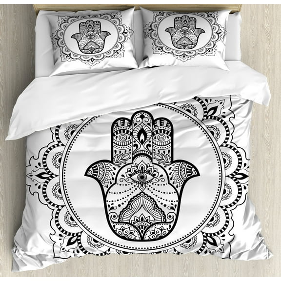 Hamsa Duvet Cover Set, Ornamental Style in Round Mandala Oriental Floral Details Illustration, Decorative 3 Piece Bedding Set with 2 Pillow Shams, King Size, White Black, by Ambesonne