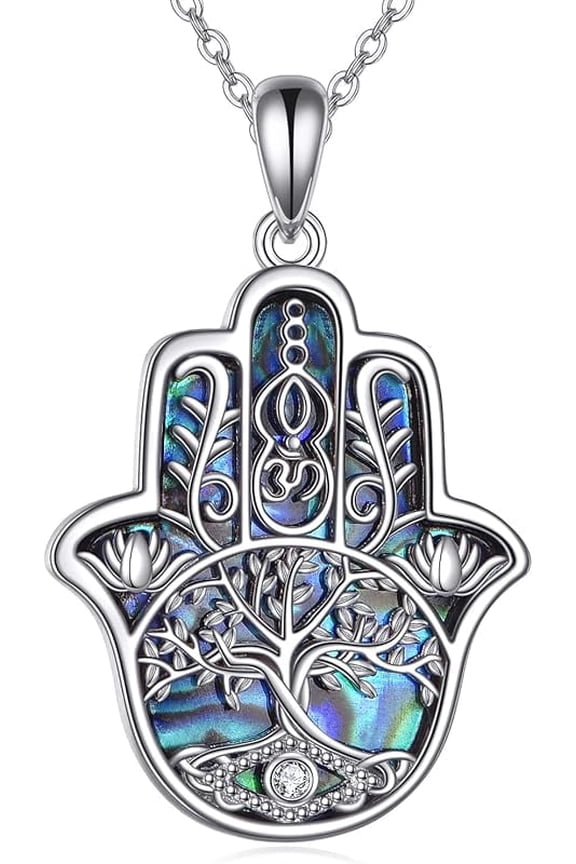 Hamsa Egyptian Cat Ankh Necklace 925 Sterling Silver Evil Eye Hamsa Hand Pendant Necklace Lotus Flower Good Luck Jewelry Gift for Women