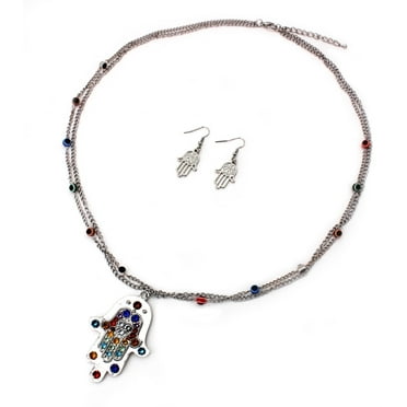 Hamsa Evil Eye Charm Necklace & Earrings Sets - NE-AS3583RHMT