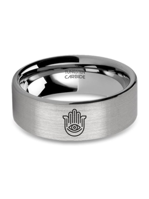 Hamsa Evil Eye Hand Laser Engraved Brushed Silver Tungsten Ring, 8mm, Size 5
