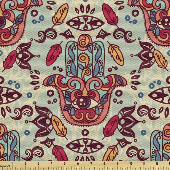 Ambesonne Hamsa Fabric by the Yard Upholstery, Colorful Cultural Hand Motifs, 5 Yards, Multicolor