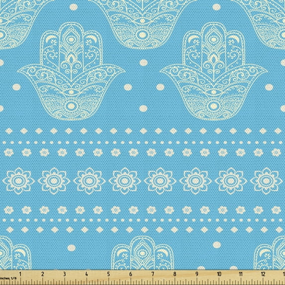Ambesonne Hamsa Fabric by the Yard Upholstery, Eastern Cultural Floral, 10 Yards, Blue