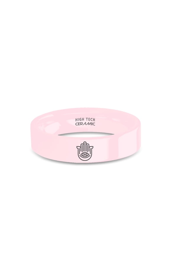 Hamsa Good Luck Charm Laser Engraved Pink Ceramic Wedding Band, 6mm, Size 10
