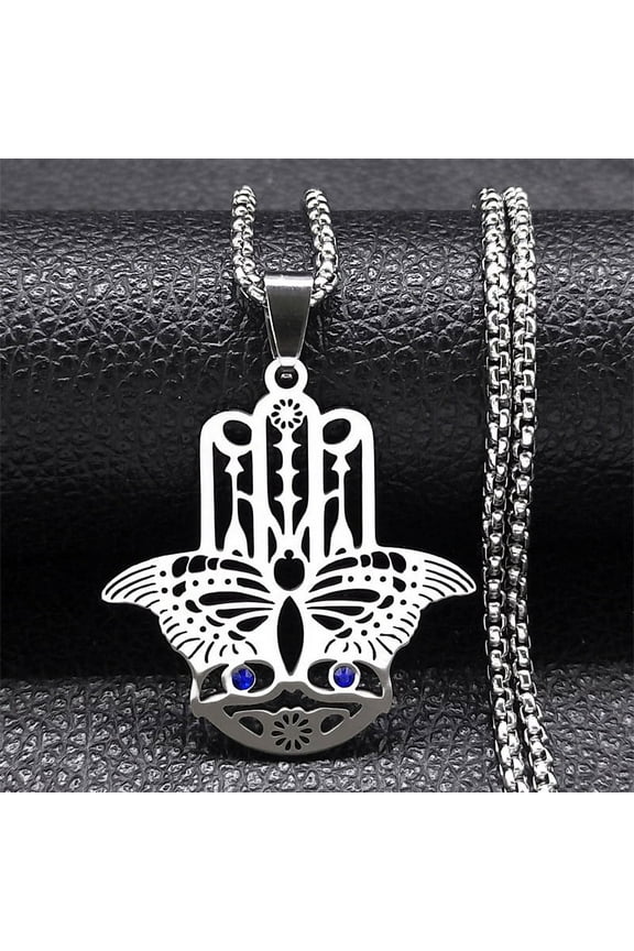 Hamsa Hand 14K White Gold Necklace Silver Color Amulet Hand of Fatima Necklaces Islamic Religious Arabic Jewelry