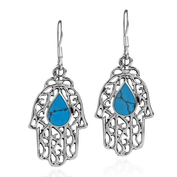 Hamsa Hand Blue Turquoise Teardrop .925 Silver Dangle Earrings
