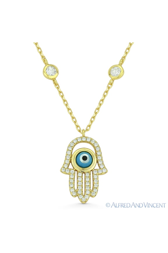 Hamsa Hand CZ Crystal Charm Pendant & CZ Bezel & Chain Necklace in .925 Sterling Silver