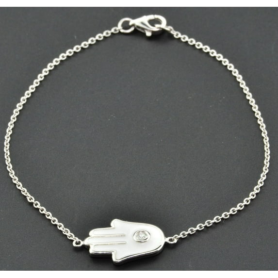 Hamsa Hand Diamond Bracelet 14k White Gold Khamsa Palm Shape Amulet White Enamel